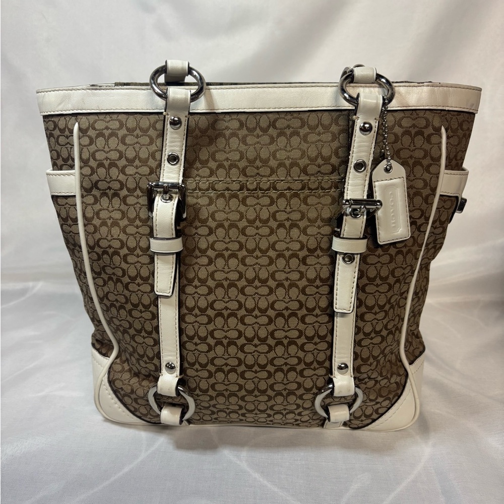 Coach khaki Jacquard & white leather tote.